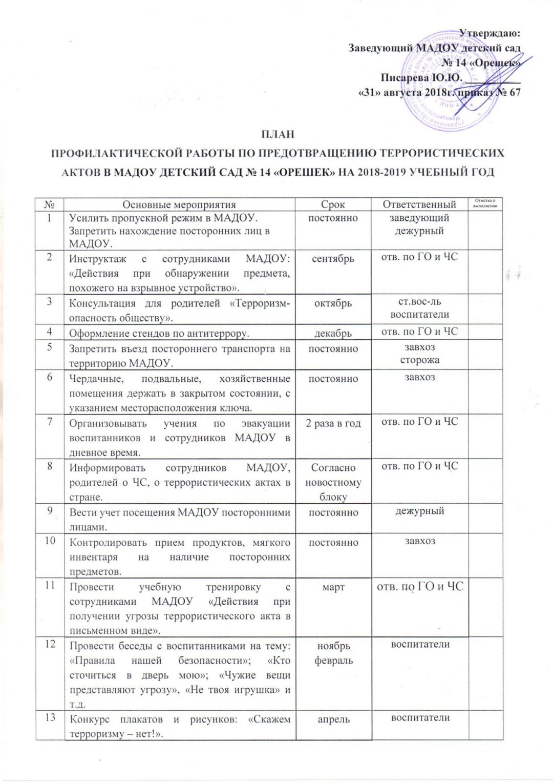 План тренировки по эвакуации при угрозе террористического акта